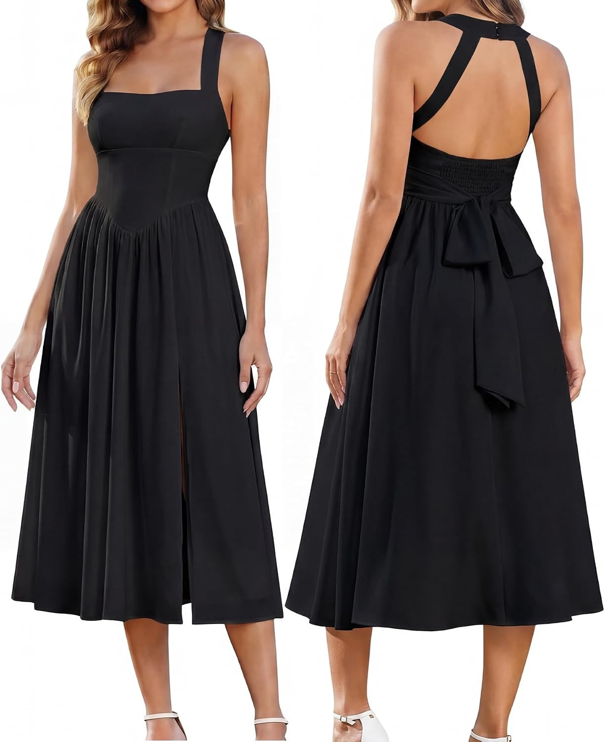 Halter Midi Corset Flowy Bow Tie Slit Summe Wedding Guest Dress | Amazon (US)