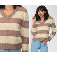Tan Wool Sweater Striped 80S Knit Slouchy V Neck Pullover Jumper 70S Vintage Retro Brown Small | Etsy (US)