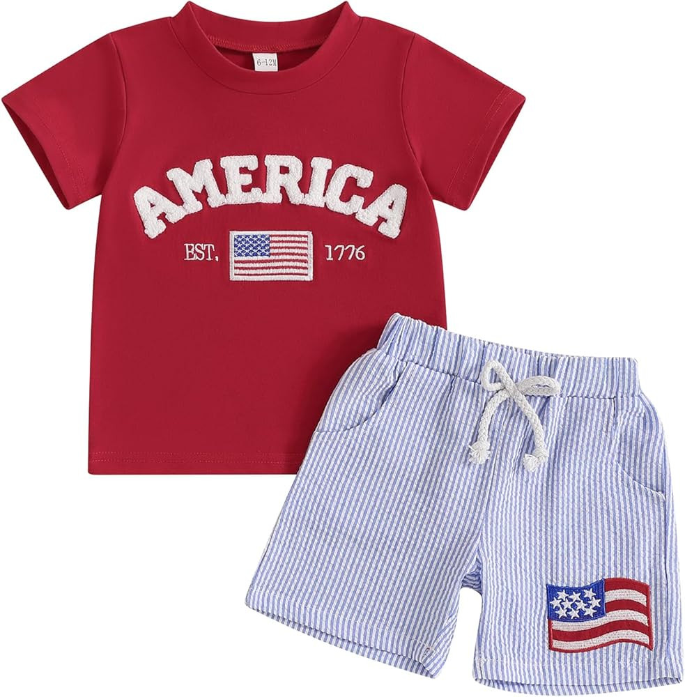 Toddler Boy 4th of July Outfit Baby Boy American Flag Embroidery T Shirt Shorts Set Fourth of Jul... | Amazon (US)