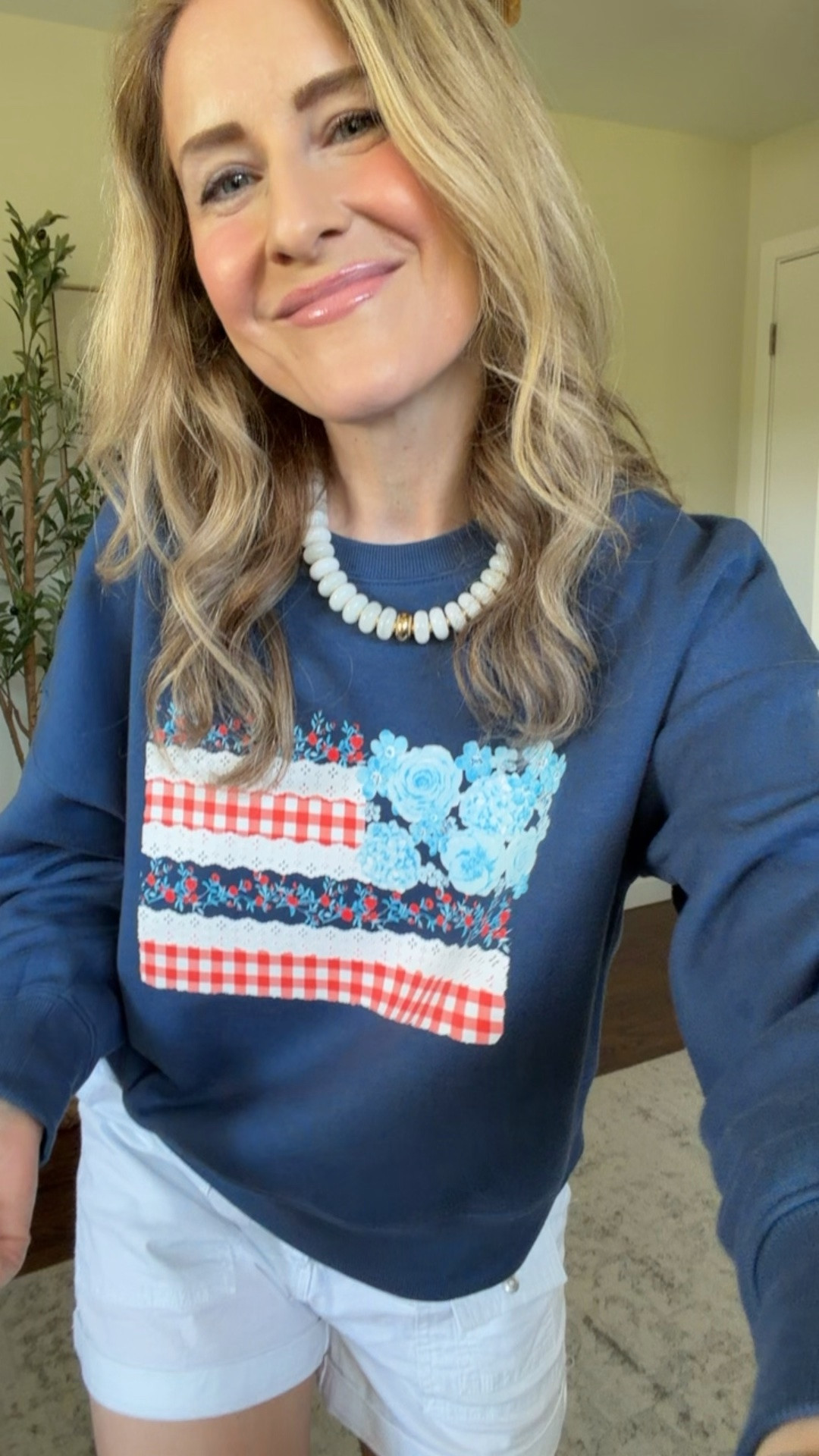 USA American flag sweatshirt at Walmart, so cute with the floral, gingham and lace design. I am wearing a medium. Super soft and cozy fleece lined. #walmartfashion

#LTKOver40