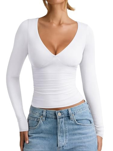 REORIA Womens Trendy Deep V Neck Long Sleeve Shirts Tight Casual Slim Fit Basic Tee Y2K 2026 Winter Fall Going Out Tops White | Amazon (US)