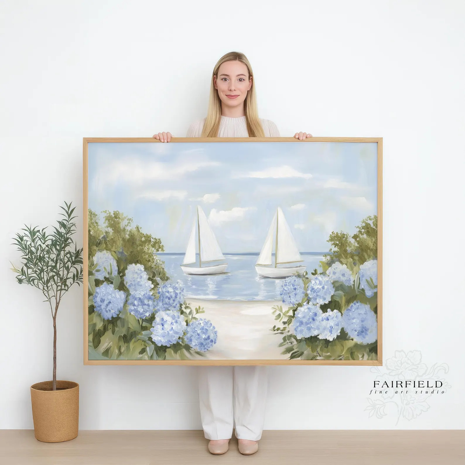 Hamptons Coastal Wall Art Framed Canvas, Old Money Beach House Decor, Blue Hydrangea Sailboat Pai... | Etsy (Global)
