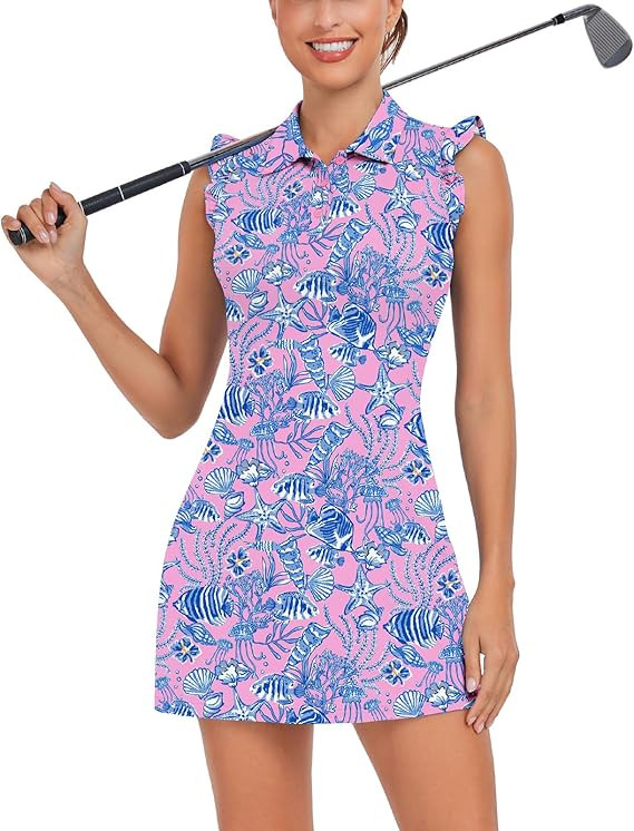 WOWENY Tennis Dress Polo Buttons Golf Dresses with Built in Shorts and Pockets Ruffle Sleeveless ... | Amazon (US)
