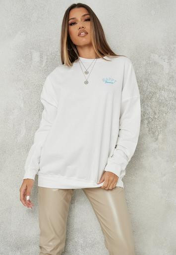 Missguided - 	White Happy Forever Graphic Brushed Back Extreme Oversized Sweatshirt | Missguided (US & CA)