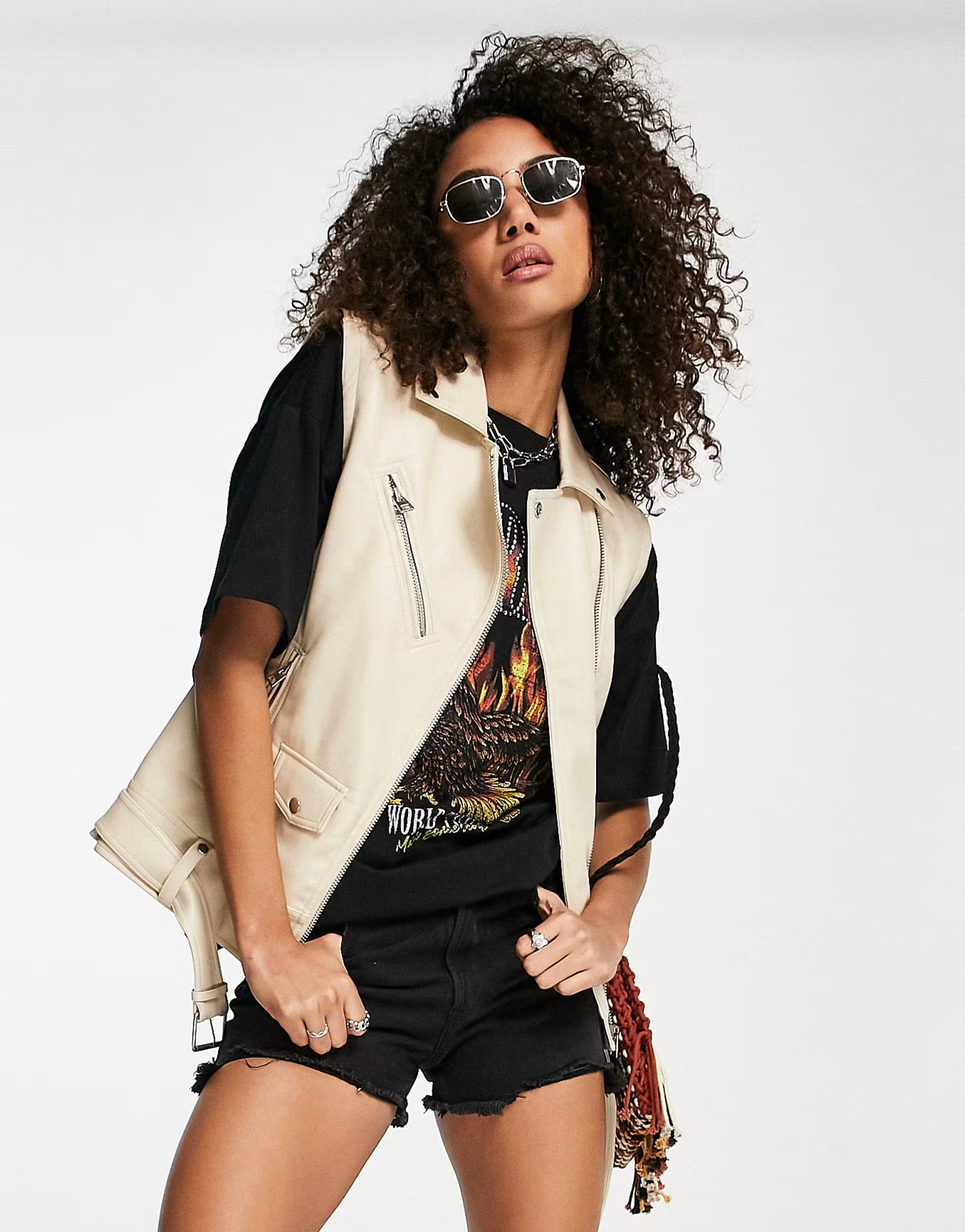 Topshop faux leather sleeveless biker jacket in ecru | ASOS (Global)