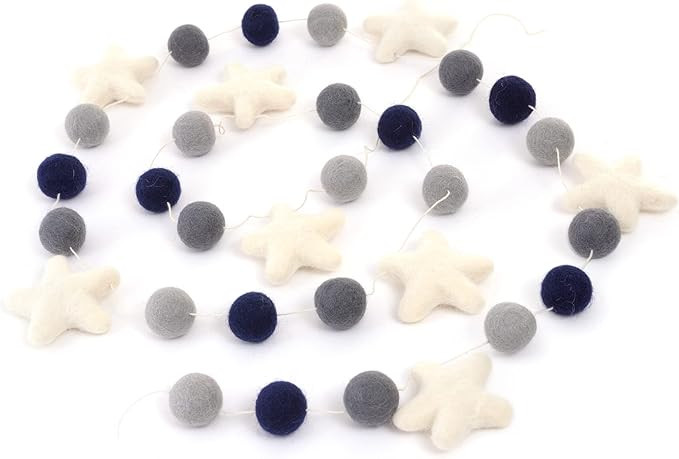 Glaciart One Pom Pom Garland - Wool Felt Ball Garland - 9 Feet, 25 Balls, 8 Stars, 4 Colors, Pom ... | Amazon (US)