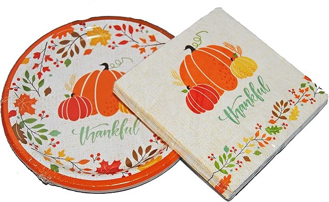 Fall Paper Lunch Plates and Napkins for 18 (Thankful Pumpkins) | Amazon (US)