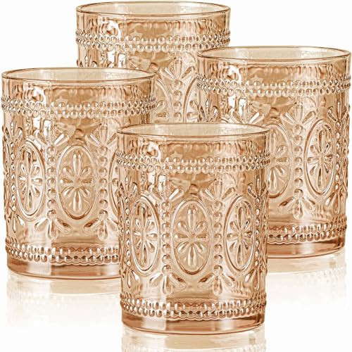 abrwyy Amber Glassware set of 4, Vintage Drinking Glasses, 10oz Heavy Duty Glass Cups, Colored Glassware Set, Embossed Glasses Set for Party Wedding Home Office Gift | Amazon (US)