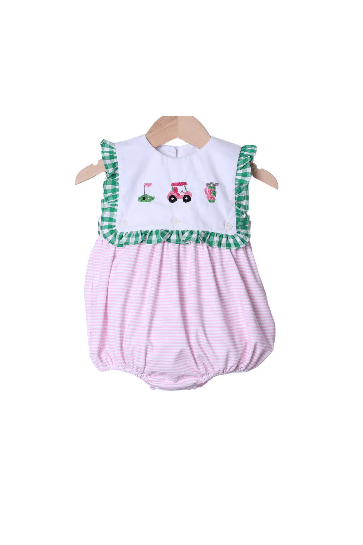French Knot Golf Pink Stipe Ruffle Bubble | The Smocked Flamingo