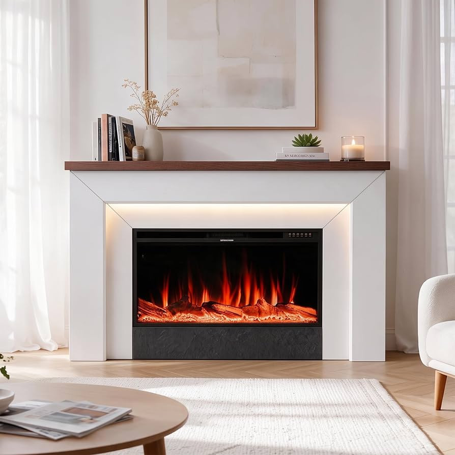 62" Electric Fireplace with Mantel, TV Stand with 42" Insert, 15 LED Colors & 15 Realistic 3D Fla... | Amazon (US)