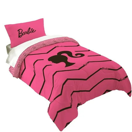 Barbie Kids 2 Piece Pink Black Chevron Reversible Comforter and Pillowcase set, Twin/full | Walmart (US)