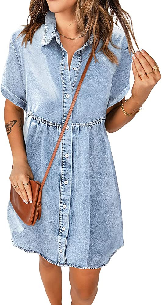 luvamia Women's Casual Short Sleeve Button Down Tiered Denim Babydoll Jean Dress | Amazon (US)