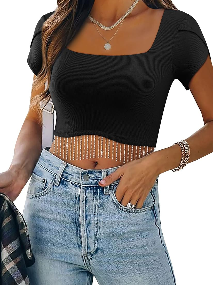 WLLW Women Nashville Sparkly Rhinestone Fringe Petal Sleeve Crop Top Square Neck Cropped Shirt To... | Amazon (US)