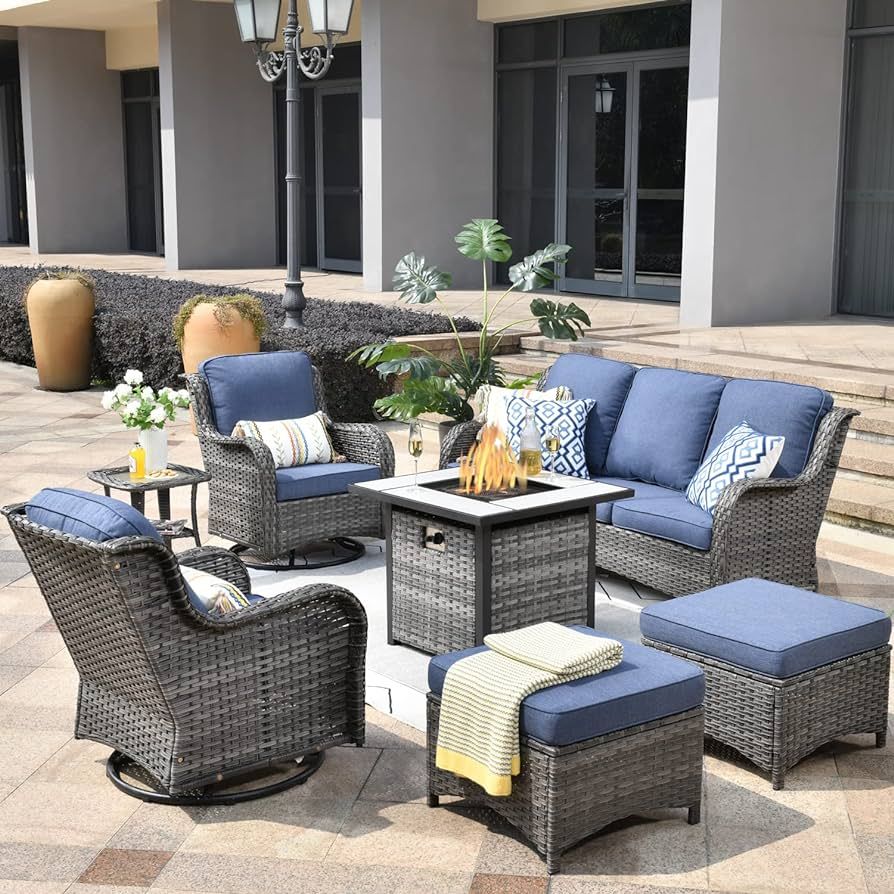 Patio Furniture Sets Outdoor Swivel Rocking Chairs with 50,000 BTU Propane Fire Pit Table 7 Piece... | Amazon (US)