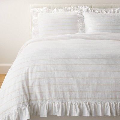 Full/Queen Yarn Dye Stripe with Ruffle Duvet Cover & Sham Set White/Khaki - Threshold™ with Studio McGee: Cotton Slub, Oeko-Tex Certified | Target