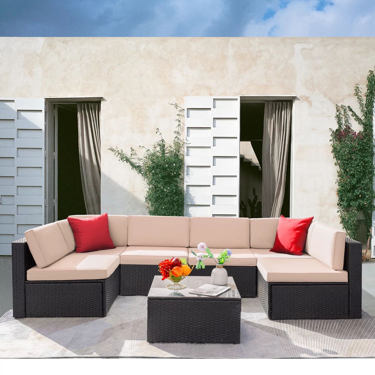 Walnew 7 Pieces Patio Conversation Set Outdoor Sectional Sofa Set PE Rattan Sectional Seating Gro... | Walmart (US)