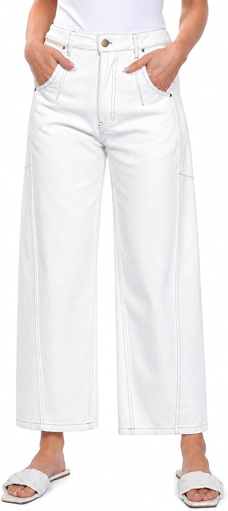 Women's Mid Rise Baggy Barrel Jeans Paneled Denim Wide Leg Casual Pants with Comfort Fit | Amazon (US)