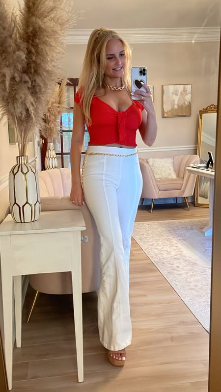 An easy and cute July 4 party outfit - red peasant top and white pull-on flare jeans ❤️ 

#LTKFind #LTKstyletip #LTKSeasonal