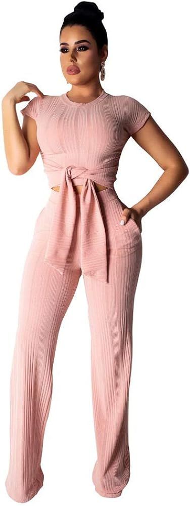 Womens Casual Two Piece Outfits - Sexy Tie Front Crop Top with Long Pants Tracksuit Set | Amazon (US)