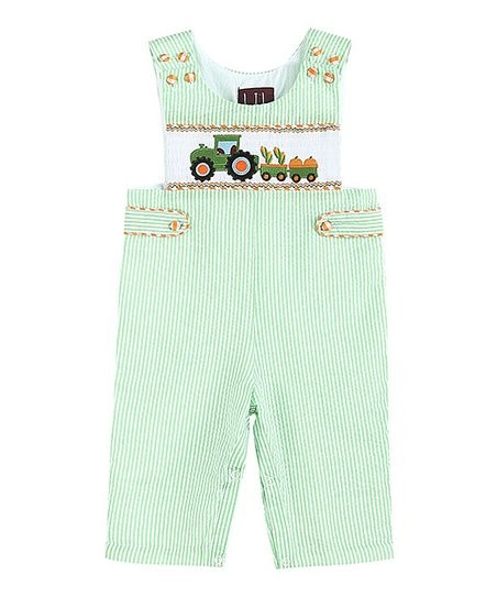 Green Seersucker Harvest Truck Smocked Overalls - Infant & Toddler | Zulily