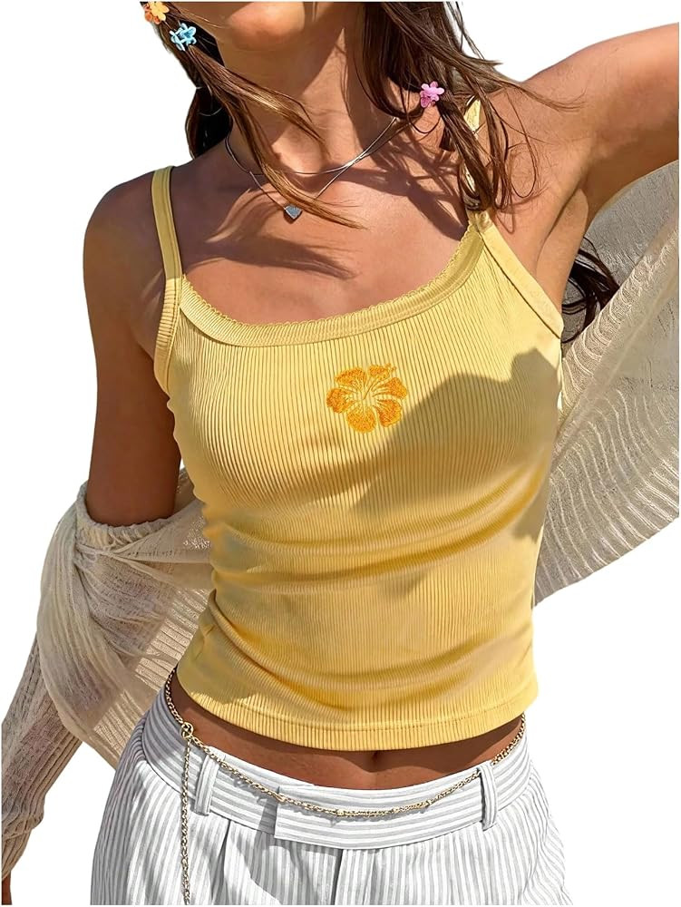 RoseSeek Women's Floral Embroidery Camisole Spaghetti Strap Ribbed Knit Tops Slim Fit Crop Tops | Amazon (US)