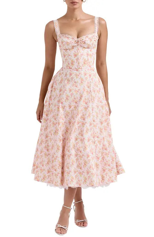 HOUSE OF CB Rosalee Floral Stretch Cotton Petticoat Dress in Peached Poppy Print at Nordstrom, Size Large D | Nordstrom