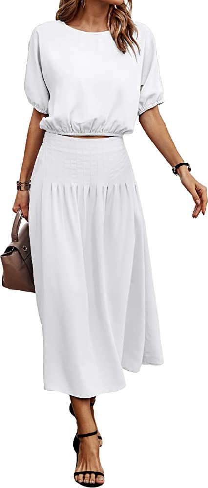 ECOWISH Women's Dresses 2023 Two Piece Outfits for Women Summer 2 Piece Dress Pleated Midi Skirt ... | Amazon (US)