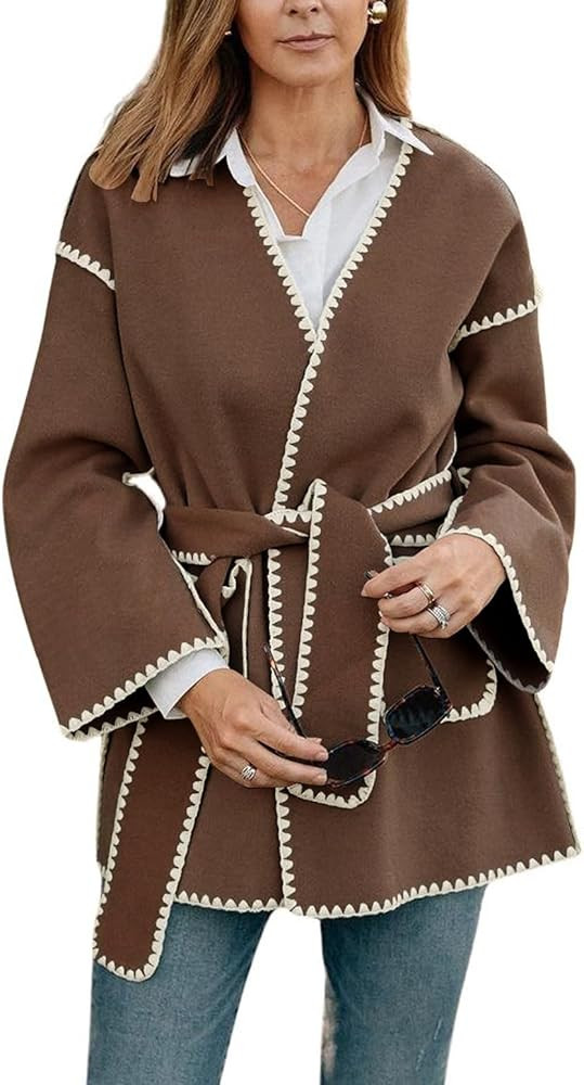 chouyatou Women's Fall Belted Embroidered Wool Jacket Business Casual Oversized Winter Wool Coat | Amazon (US)