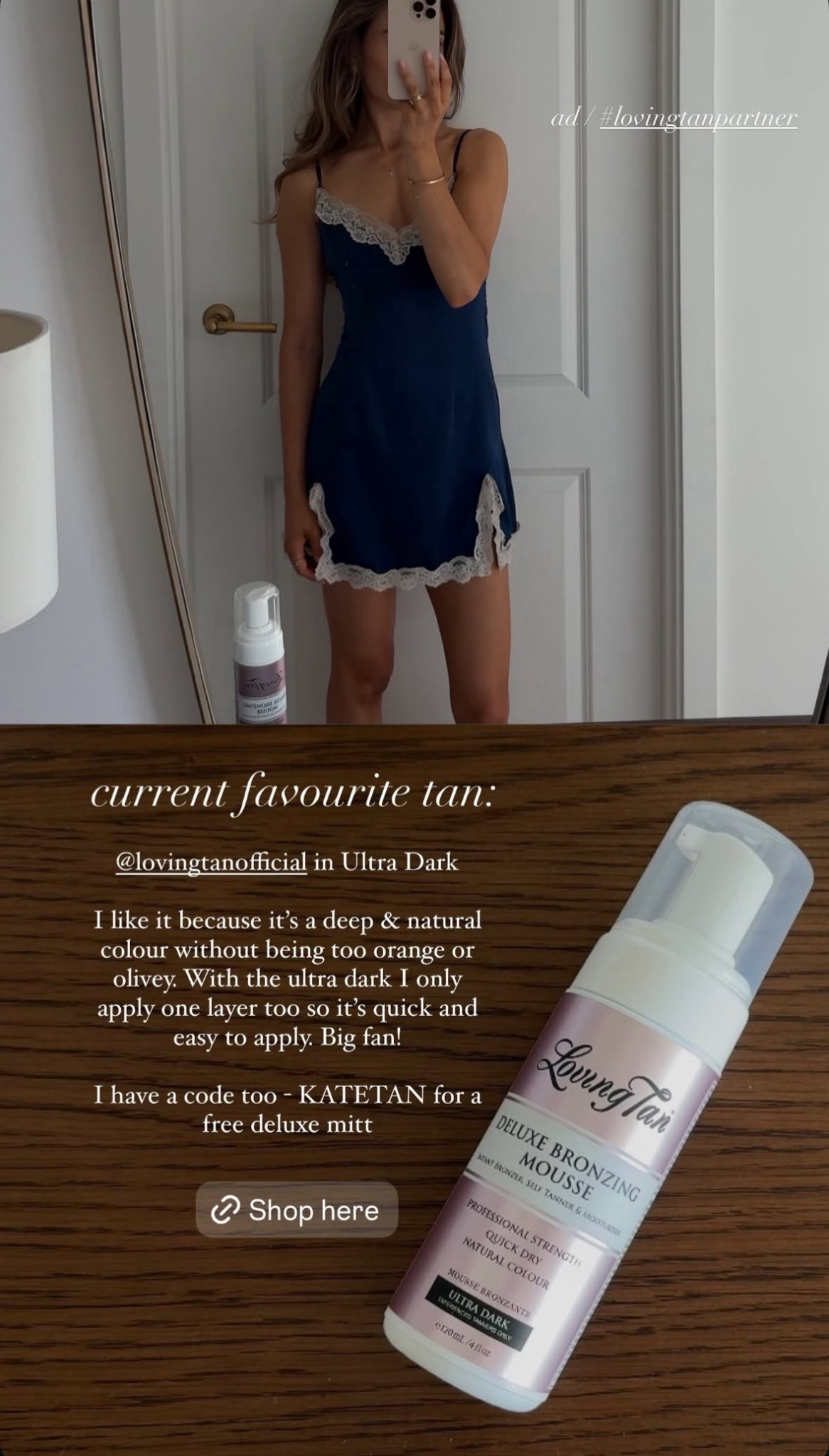 @lovingtanofficial in Ultra Dark
I like it because it's a deep & natural colour without being too orange or olivey. With the ultra dark I only apply one layer too so it's quick and easy to apply. Big fan! I have a code too - KATETAN for a free deluxe mitt

#LTKbeauty #LTKsummer