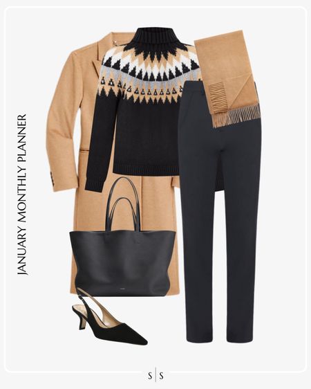 Monthly outfit planner: JANUARY: Winter looks |  Fair isle sweater, ponte pant, cashmere scarf, camel coat, slingback heel, large tote: workwear 

See the entire calendar on thesarahstories.com ✨ 

#LTKstyletip #LTKworkwear
