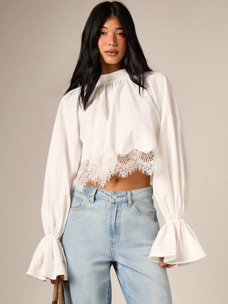 Women's White Long Sleeve Blouse With Bell Sleeves And Crochet Lace Trim High Neck Cropped Top Fa... | SHEIN