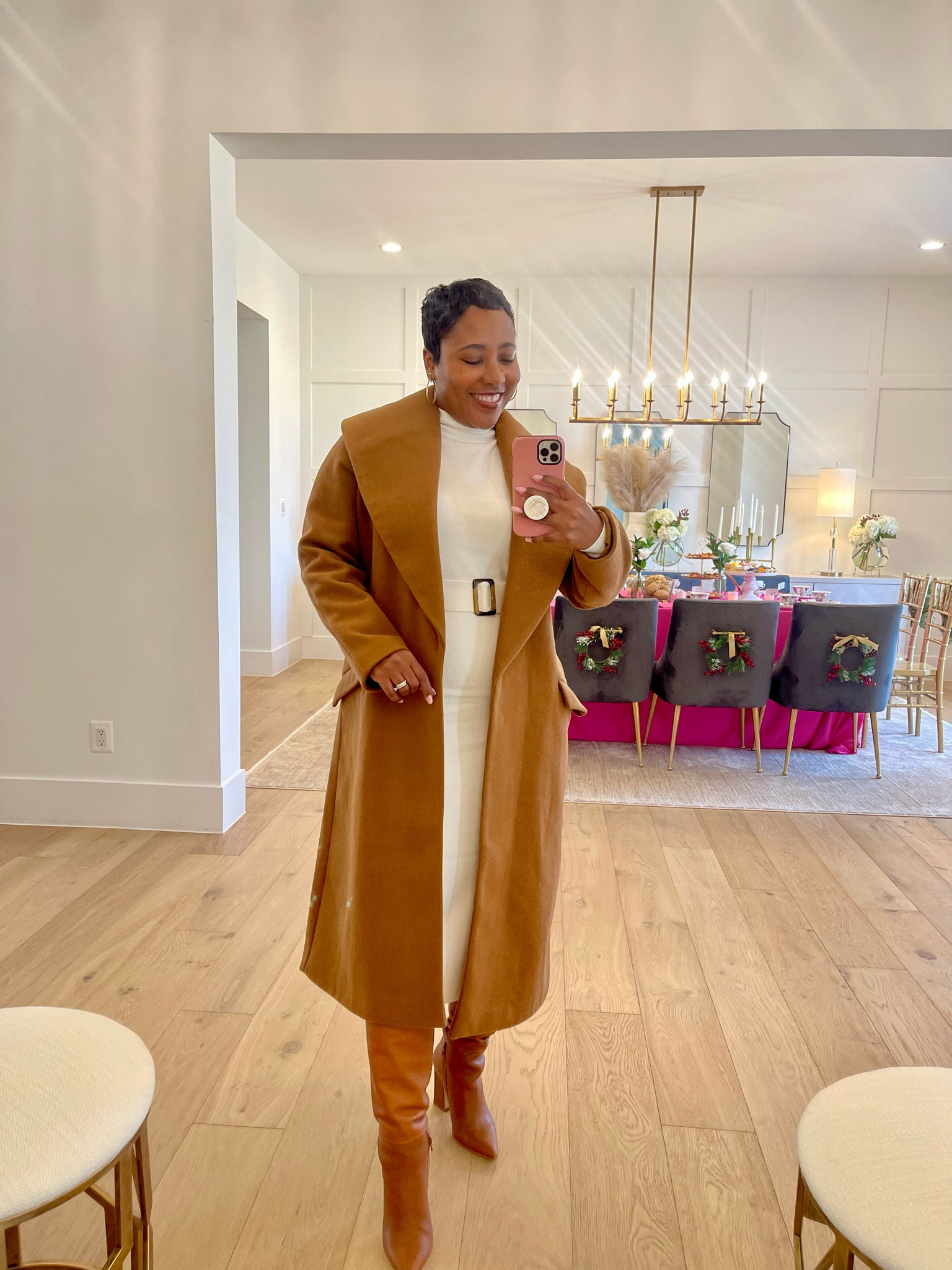 White midi sweater dress brown leather knee boots camel coat 

#LTKSeasonal #LTKstyletip #LTKHoliday