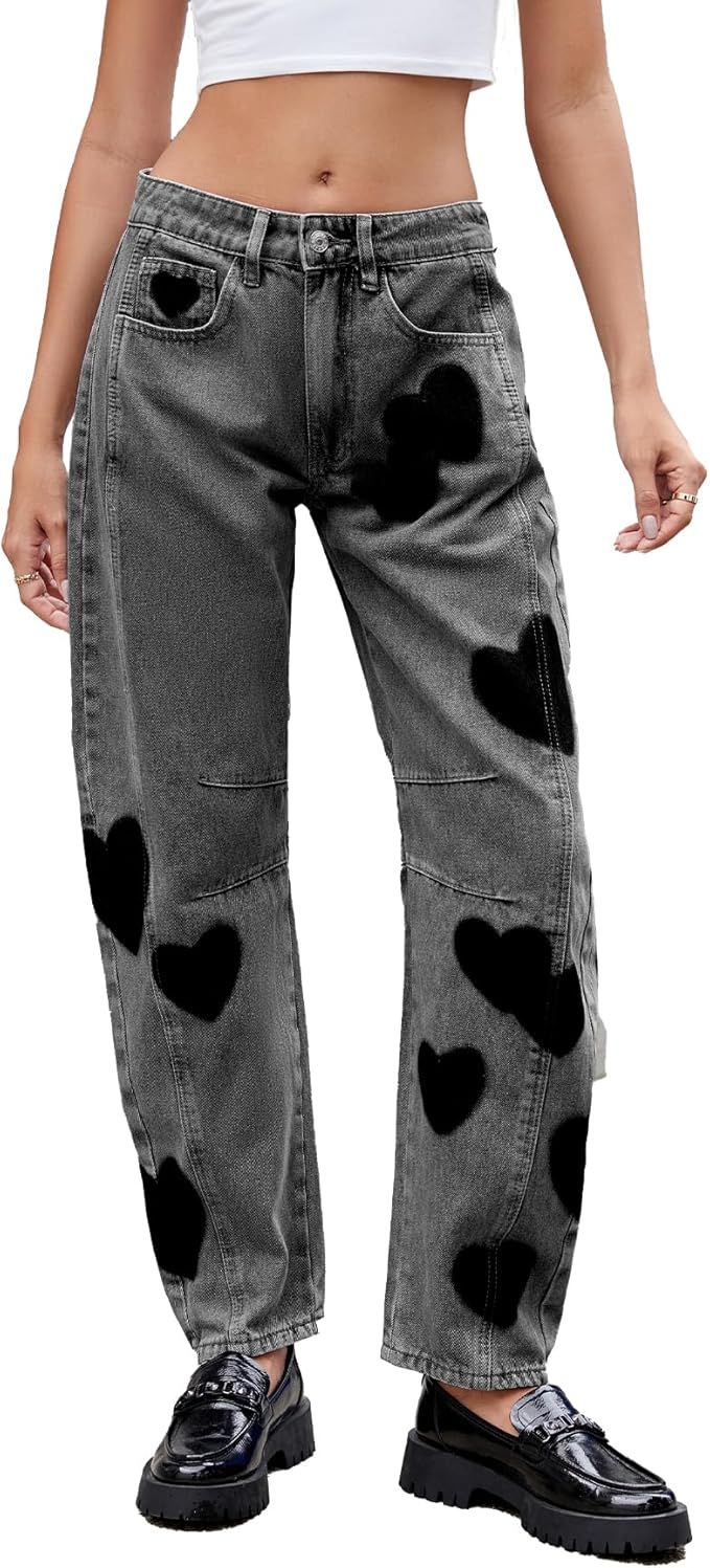 LifeShe Women's Wide Leg Baggy Jeans Low Waist Heart Barrel Jean Loose Boyfriend Denim Pants | Amazon (US)