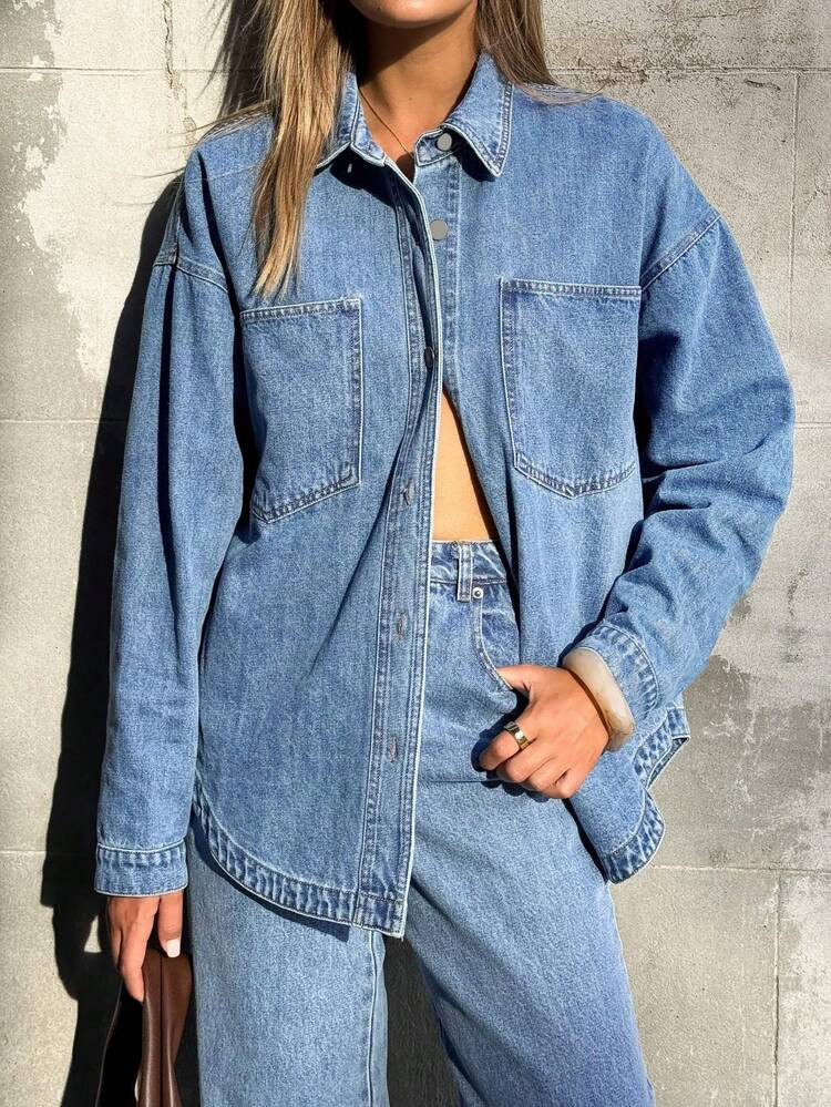 2026 Women Denim Shirts Oversized Long Sleeve Button Down Blouse Distresse Jean Jacket Spring Out... | SHEIN