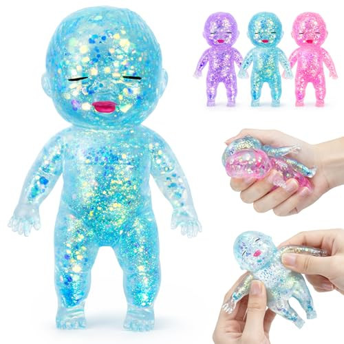 Baby Squishy Glittery- 4" Soft Squeezable Fidget Toy,Cute Sparkly Sensory Decompression Doll for Adults,Desk Decor & Anxiety Relief, Ideal for Birthday Gifts, Party Favors, Classroom Prizes (Blue) | Amazon (US)