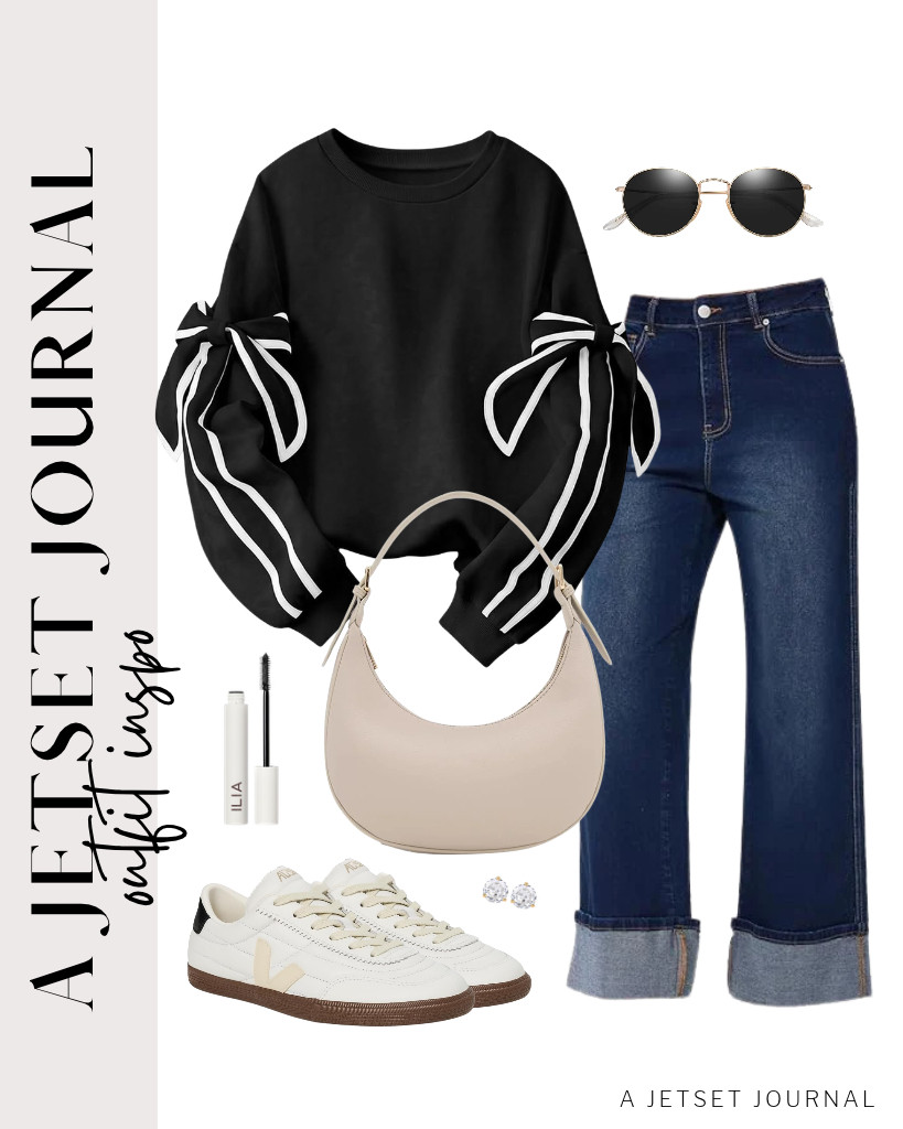 This combo of a black sweatshirt from SHEWIN and these wide-leg cuffed jeans is our last outfit. To style, wear these Veja sneakers and grab a crescent shoulder bag. These PAVOI stud earrings are also perfect for this chic fit. 

 #LTKSeasonal #LTKSaleAlert #LTKTravel