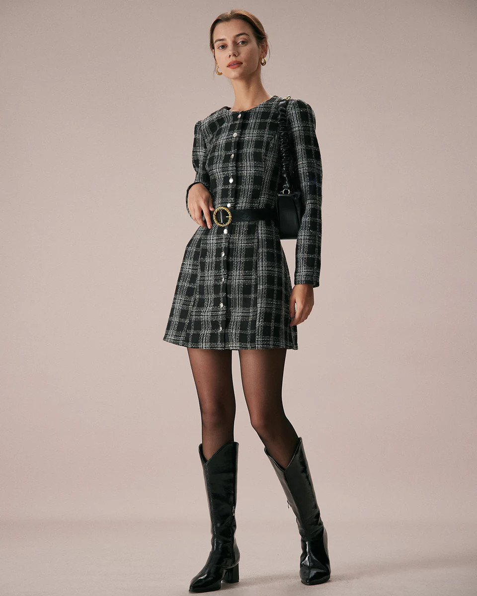 The Black Crew Neck Plaid A-Line Mini Dress | rihoas.com