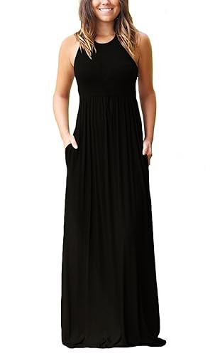 GRECERELLE Women's Sleeveless Racerback Loose Plain Maxi Dresses Casual Long Dresses with Pockets | Amazon (US)