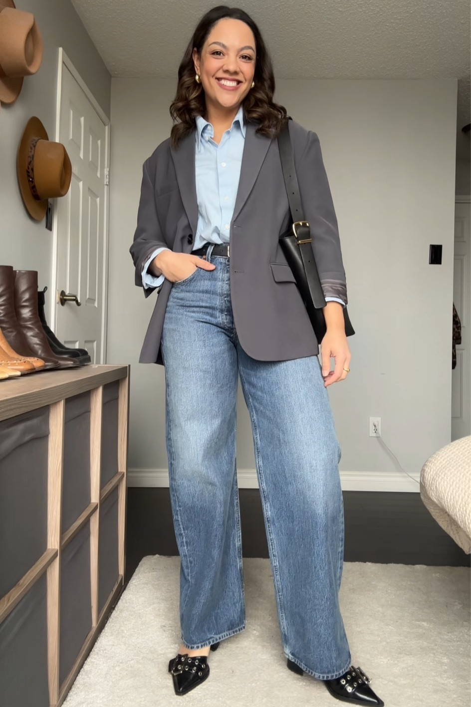 Styling jeans and a button up:
-Grey oversized blazer. Similar linked. 
-Blue poplin oversized shirt from H&M. I have a size medium. 
-Citizens of Humanity Wide leg medium wash jeans. I have a size 29. 
-Ganni heeled black patent leather pumps. 
-Black leather bucket tote bag. 


#LTKfindsunder100 #LTKstyletip #LTKSeasonal