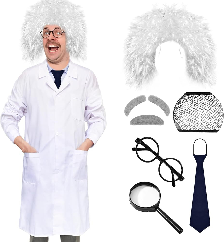 8 Pcs Mad Scientist Costume Set Back to The Future Wig Lab Coat Albert Einstein Halloween Costume... | Amazon (US)