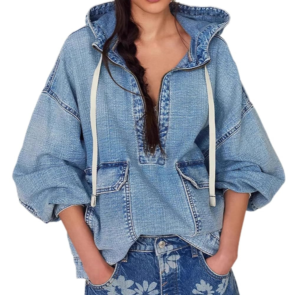 Women's Oversized Denim Hoodie Pullover Jackets Half Zip Long Sleeve Jean Hooded Fall Outfits Swe... | Amazon (US)