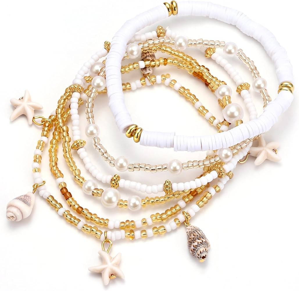 JeryWe 6Pcs Ankle Bracelets for Women - Waterproof Beaded Anklet Bracelet Set, Layered Boho Starfish Seashell Beach Jewelry, Handmade Summer Elastic Anklet | Amazon (US)