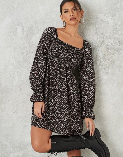 Missguided milkmaid mini dress with shirred bust in black ditsy | ASOS (Global)
