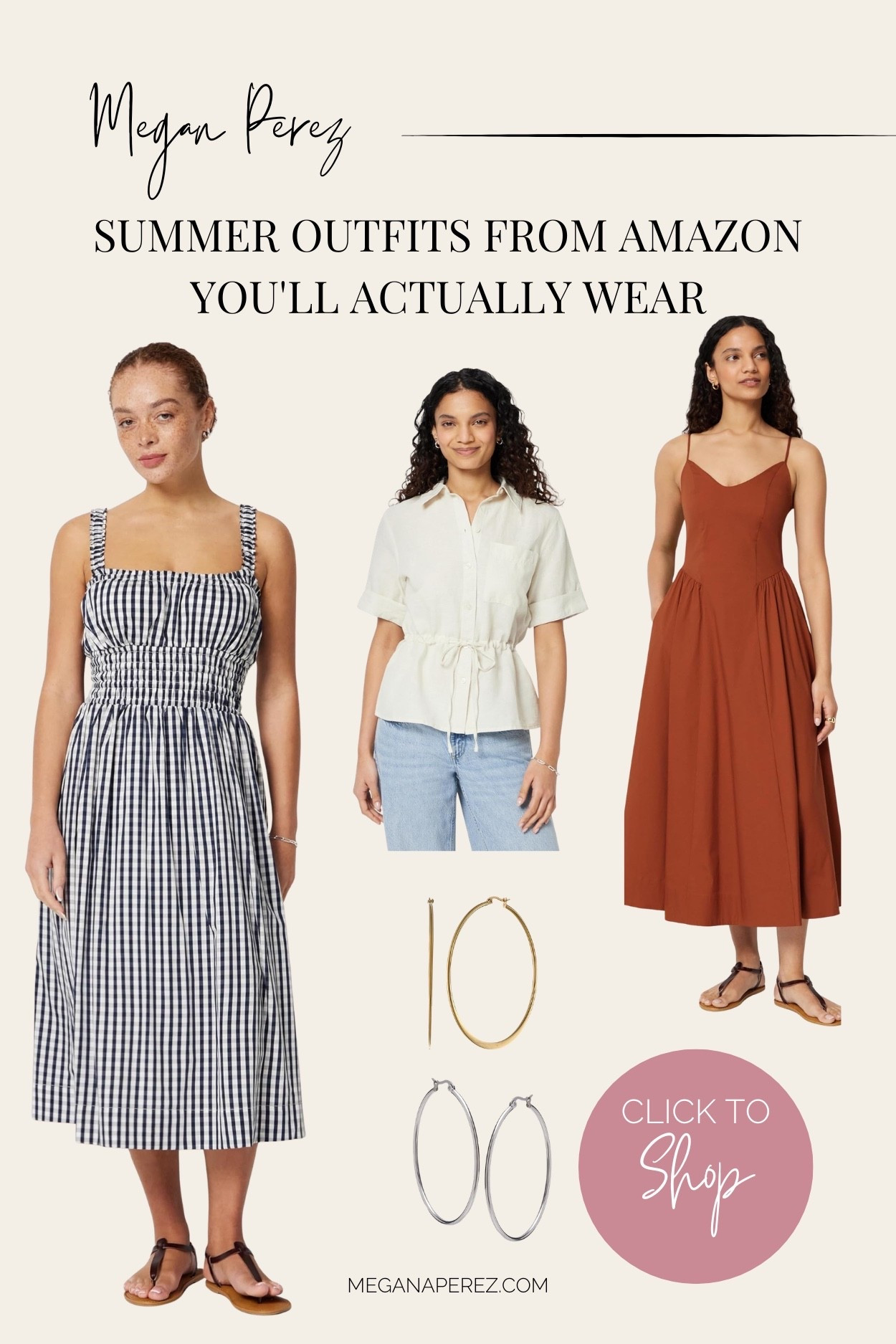 Gingham, linen, and rust tones — these Amazon summer outfits are giving all the warm weather vibes. A smocked gingham midi, a drawstring linen top, a rust sundress, and gold hoop earrings. Affordable, cute, and so easy to wear. Shop them all on my LTK! 👗

#LTKootd #LTKgrwm #LTKmomlife