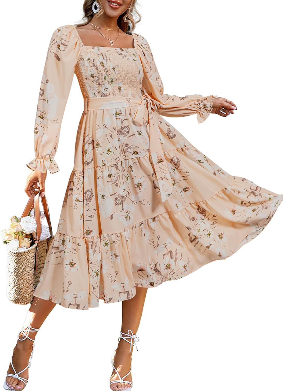 Amegoya Women's Boho Flowy Long Sleeve Square Neck Floral Midi Dress Smocked Spring Fall Wedding ... | Amazon (US)