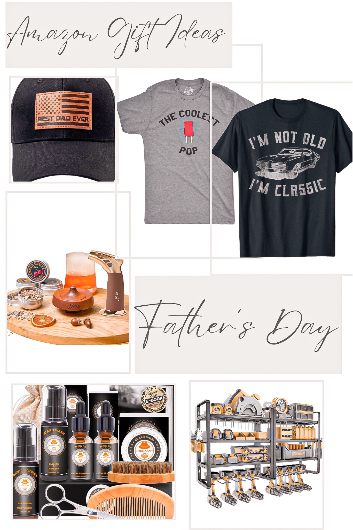 Amazon finds 
Father’s Day 

Baseball hat, gifts for him, gift guide, men’s graphic tee, cocktail smoker kit, tool organizer, drill organizer, beard trimmer, beard oil 

#LTKFindsUnder50 #LTKMens #LTKGiftGuide