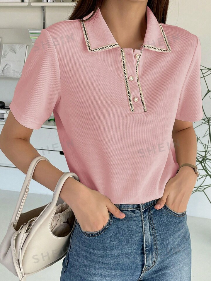 DAZY Contrast Trim Polo Neck Ribbed Knit Tee | SHEIN
