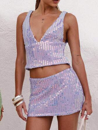 Women's Glitter Sequins Two Piece Dresses Summer Sleeveless Halter Neckline Top Tight Mini Skirt ... | SHEIN