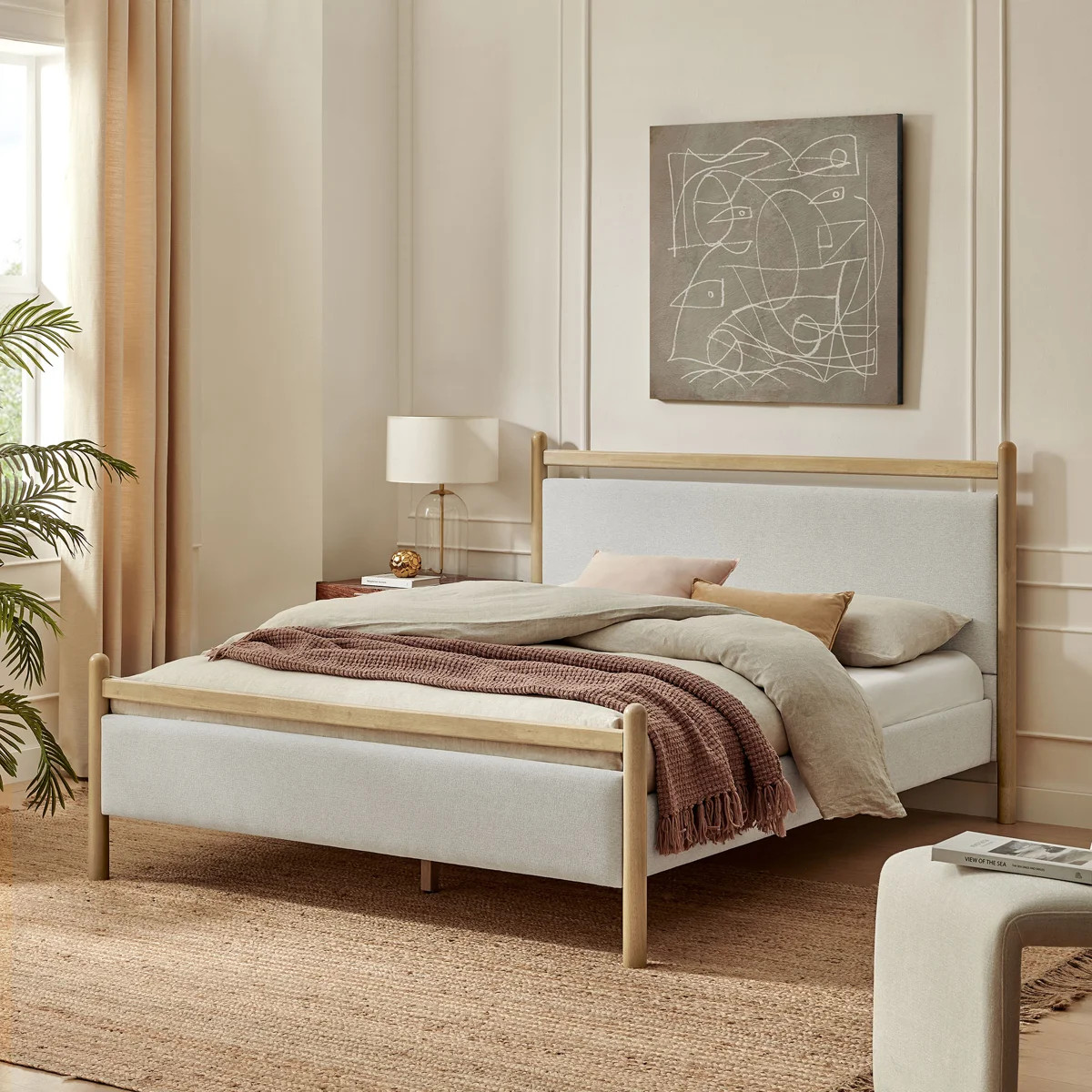 Ginny Queen Size Platform Bed Frame In Light Oak Heathered Ivory | Wayfair North America