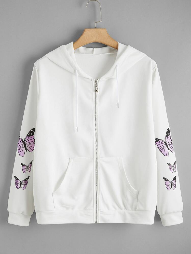 Plus Butterfly Print Zip Up Drawstring Hoodie | SHEIN